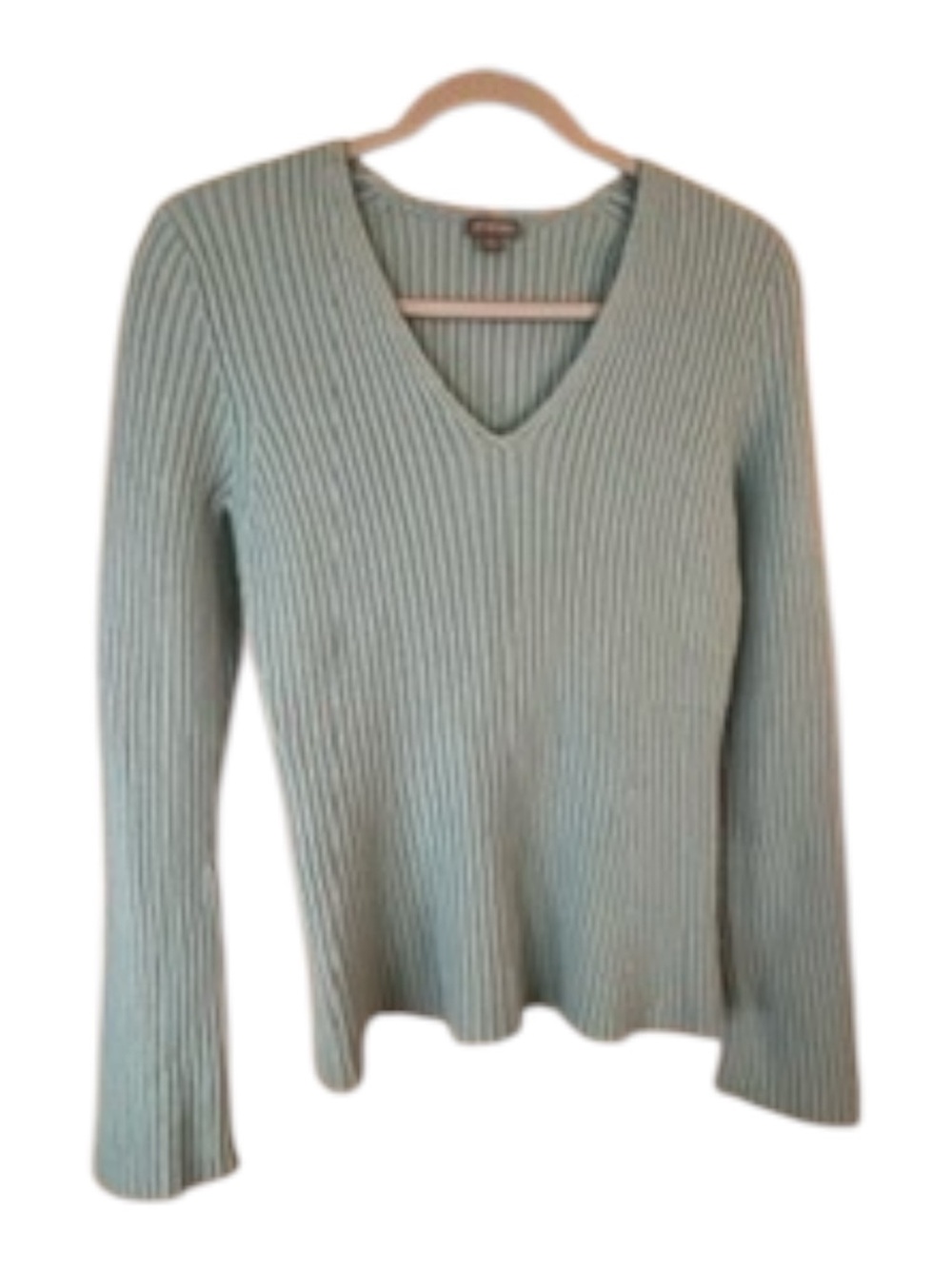 Ann Taylor Ribbed V-Neck Sweater in Sage Green